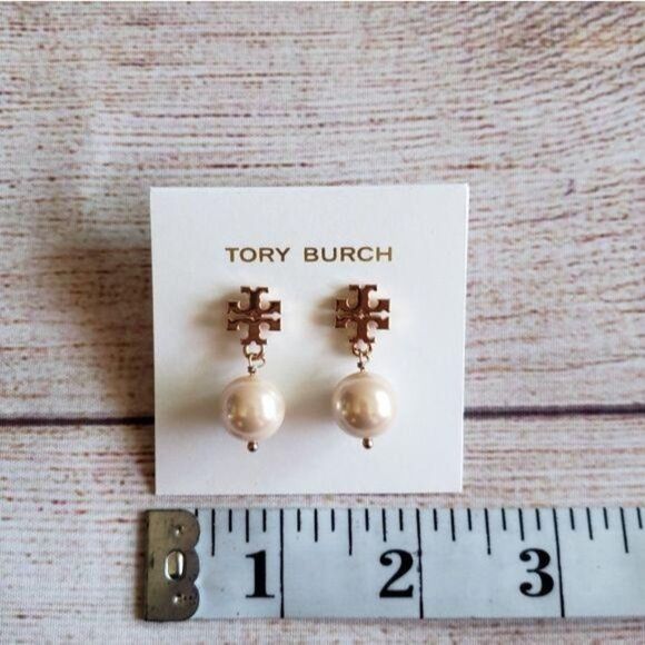 Tory Burch Logo Pearl Drop Rose Gold Tone Earrings - Picture 8 of 8